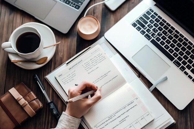 A notebook, coffee and laptop on a desk.